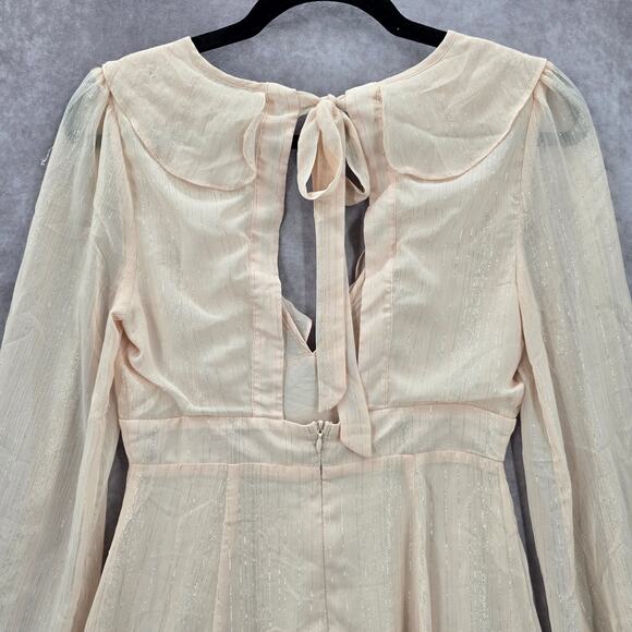 Lush Cream Long Sleeve Flare Ruffle Cutout Tie Cottage Fairy Dress Small - Picture 5 of 8